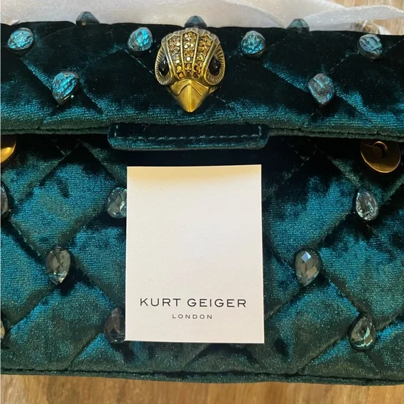 Kurt Geiger NEW Emerald Green Velvet Medium Kensington Bag - Picture 2 of 5